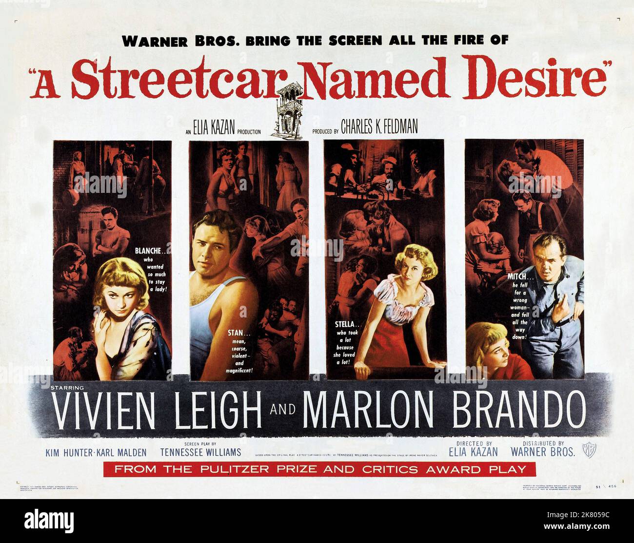 Vivien Leigh, Marlon Brando, Kim Hunter & Karl Malden Poster Film: A Streetcar Named Desire (USA 1951) Characters: Blanche DuBois,Stanley Kowalski, Stella Kowalski, Stella Kowalski, Harold 'Mitch' Mitchell  / Literaturverfilmung (Based On The Play By Tennessee Williams) Director: Elia Kazan 09 September 1951   **WARNING** This Photograph is for editorial use only and is the copyright of WARNER BROS. / JACK ALBIN and/or the Photographer assigned by the Film or Production Company and can only be reproduced by publications in conjunction with the promotion of the above Film. A Mandatory Credit To Stock Photo