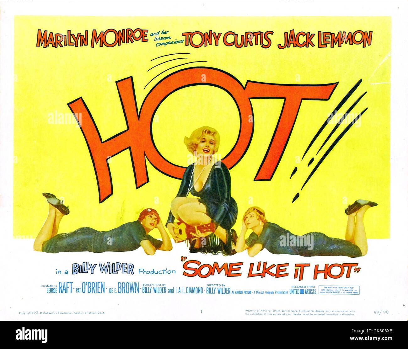 Tony Curtis, Marilyn Monroe & Jack Lemmon Poster Film: Some Like It Hot (USA 1959) Characters: Joe - 'Josephine', Sugar Kane Kowalczyk, Jerry - 'Daphne'  Director: Billy Wilder 19 March 1959   **WARNING** This Photograph is for editorial use only and is the copyright of UNITED ARTISTS and/or the Photographer assigned by the Film or Production Company and can only be reproduced by publications in conjunction with the promotion of the above Film. A Mandatory Credit To UNITED ARTISTS is required. The Photographer should also be credited when known. No commercial use can be granted without written Stock Photo