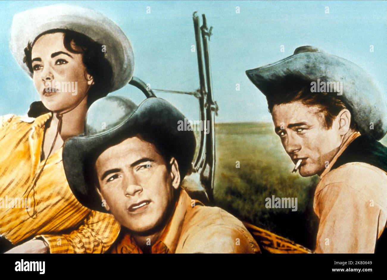 Elizabeth Taylor, Rock Hudson & James Dean Film: Giant (USA 1956) Characters: Leslie Benedict, Jordan 'Bick' Benedict Jr., Jett Rink  / Literaturverfilmung (Based On The Book By Edna Ferber) Director: George Stevens 10 October 1956   **WARNING** This Photograph is for editorial use only and is the copyright of WARNER BROS. and/or the Photographer assigned by the Film or Production Company and can only be reproduced by publications in conjunction with the promotion of the above Film. A Mandatory Credit To WARNER BROS. is required. The Photographer should also be credited when known. No commerci Stock Photo