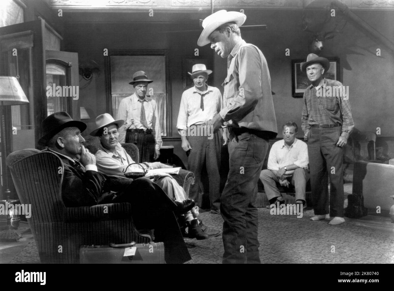 Spencer Tracy, Robert Ryan, Russell Collins, Walter Brennan, Lee Marvin, Walter Sande & Dean Jagger Film: Bad Day At Black Rock (USA 1955) Characters: John J. Macreedy, Reno Smith, Mr. Hastings, Doc Velie, Hector David, Sam, Tim Horn  Director: John Sturges 07 January 1955   **WARNING** This Photograph is for editorial use only and is the copyright of MGM and/or the Photographer assigned by the Film or Production Company and can only be reproduced by publications in conjunction with the promotion of the above Film. A Mandatory Credit To MGM is required. The Photographer should also be credited Stock Photo