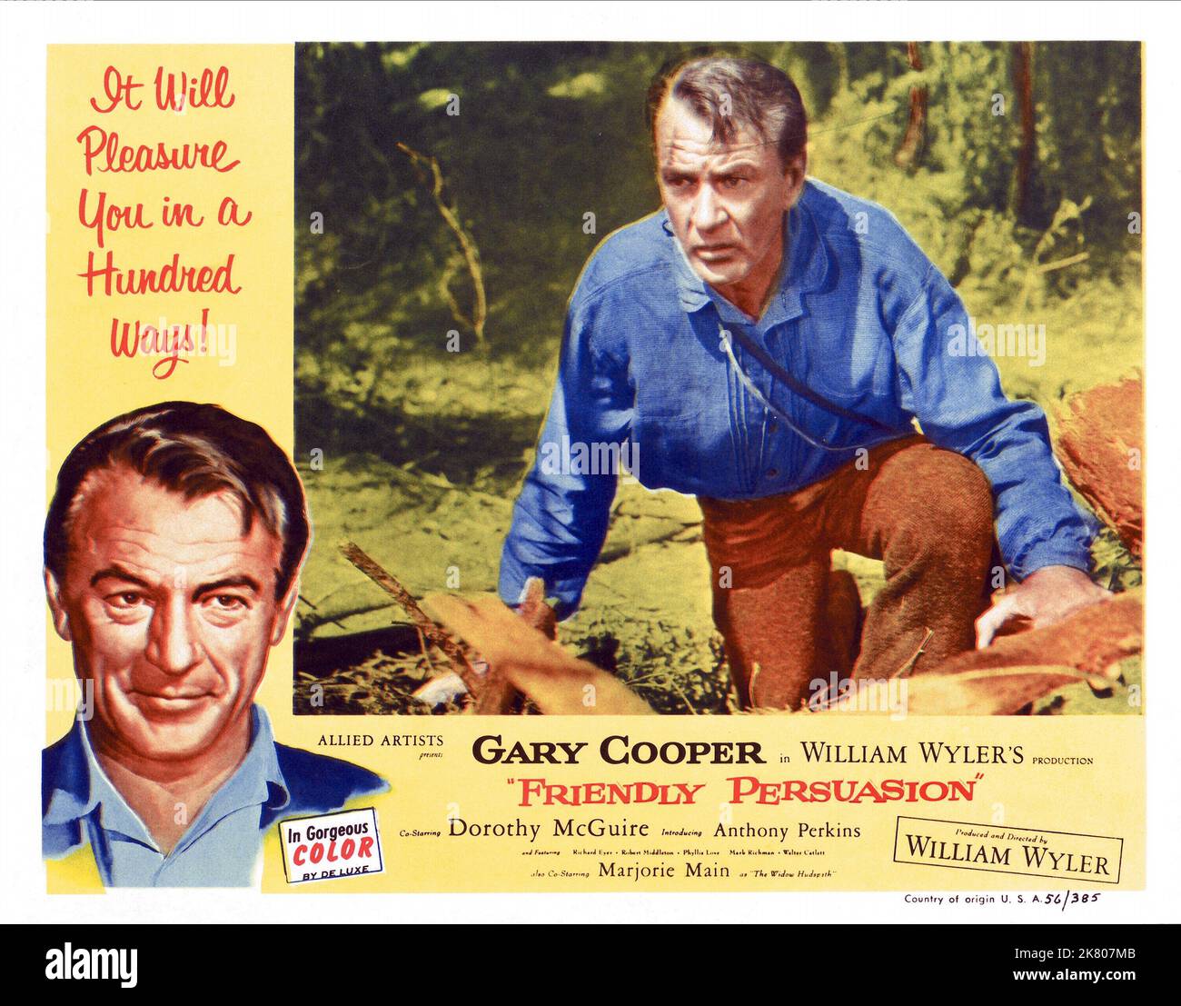 Gary Cooper Film: Friendly Persuasion (1956) Characters: Jess Birdwell  Director: William Wyler 01 November 1956   **WARNING** This Photograph is for editorial use only and is the copyright of ALLIED ARTISTS and/or the Photographer assigned by the Film or Production Company and can only be reproduced by publications in conjunction with the promotion of the above Film. A Mandatory Credit To ALLIED ARTISTS is required. The Photographer should also be credited when known. No commercial use can be granted without written authority from the Film Company. Stock Photo