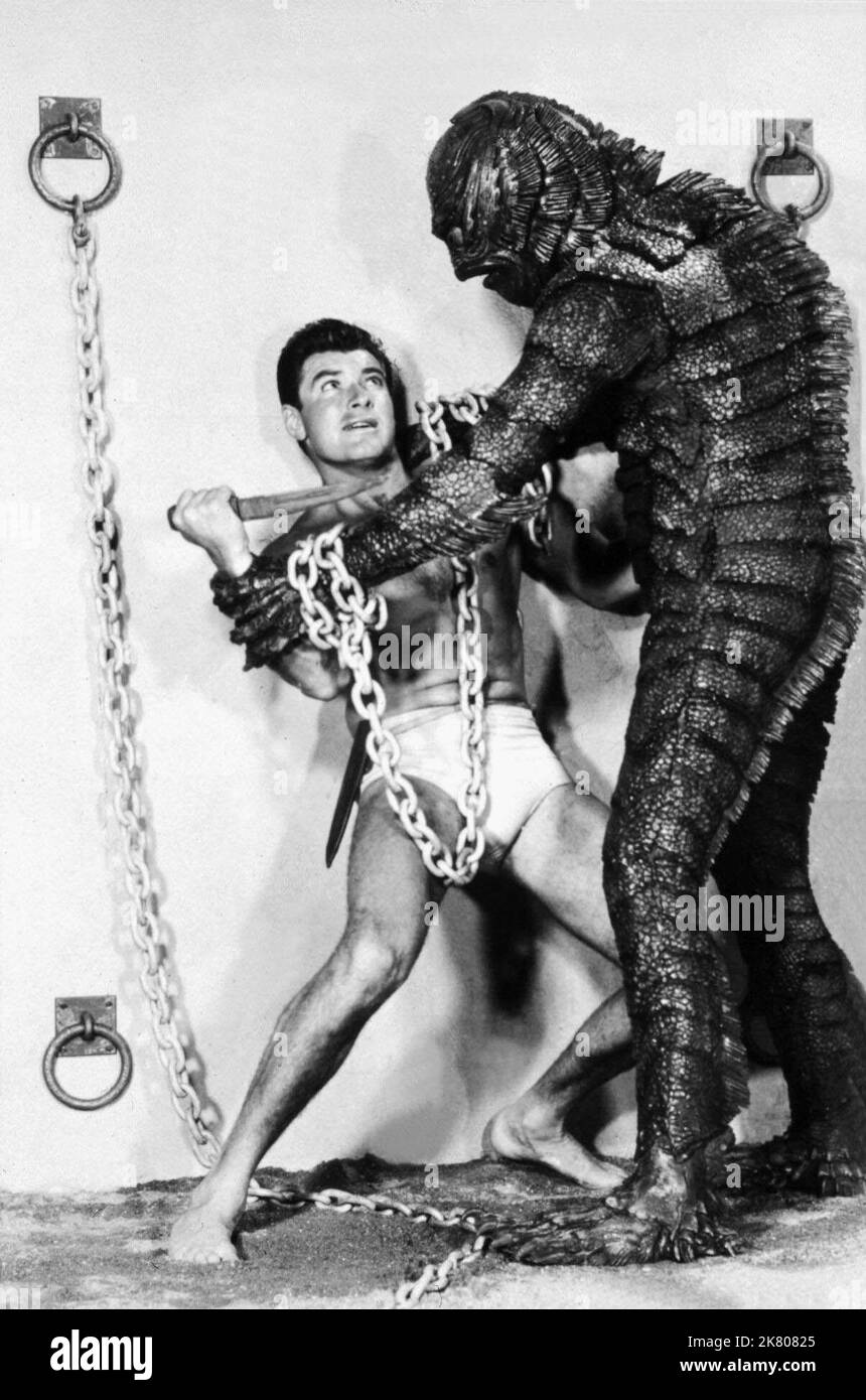 Richard Carlson & Ricou Browning Film: Creature From The Black Lagoon (USA 1954) Characters: Dr. David Reed & The Gill Man (in water)  Director: Jack Arnold 12 February 1954   **WARNING** This Photograph is for editorial use only and is the copyright of UNIVERSAL and/or the Photographer assigned by the Film or Production Company and can only be reproduced by publications in conjunction with the promotion of the above Film. A Mandatory Credit To UNIVERSAL is required. The Photographer should also be credited when known. No commercial use can be granted without written authority from the Film Co Stock Photo
