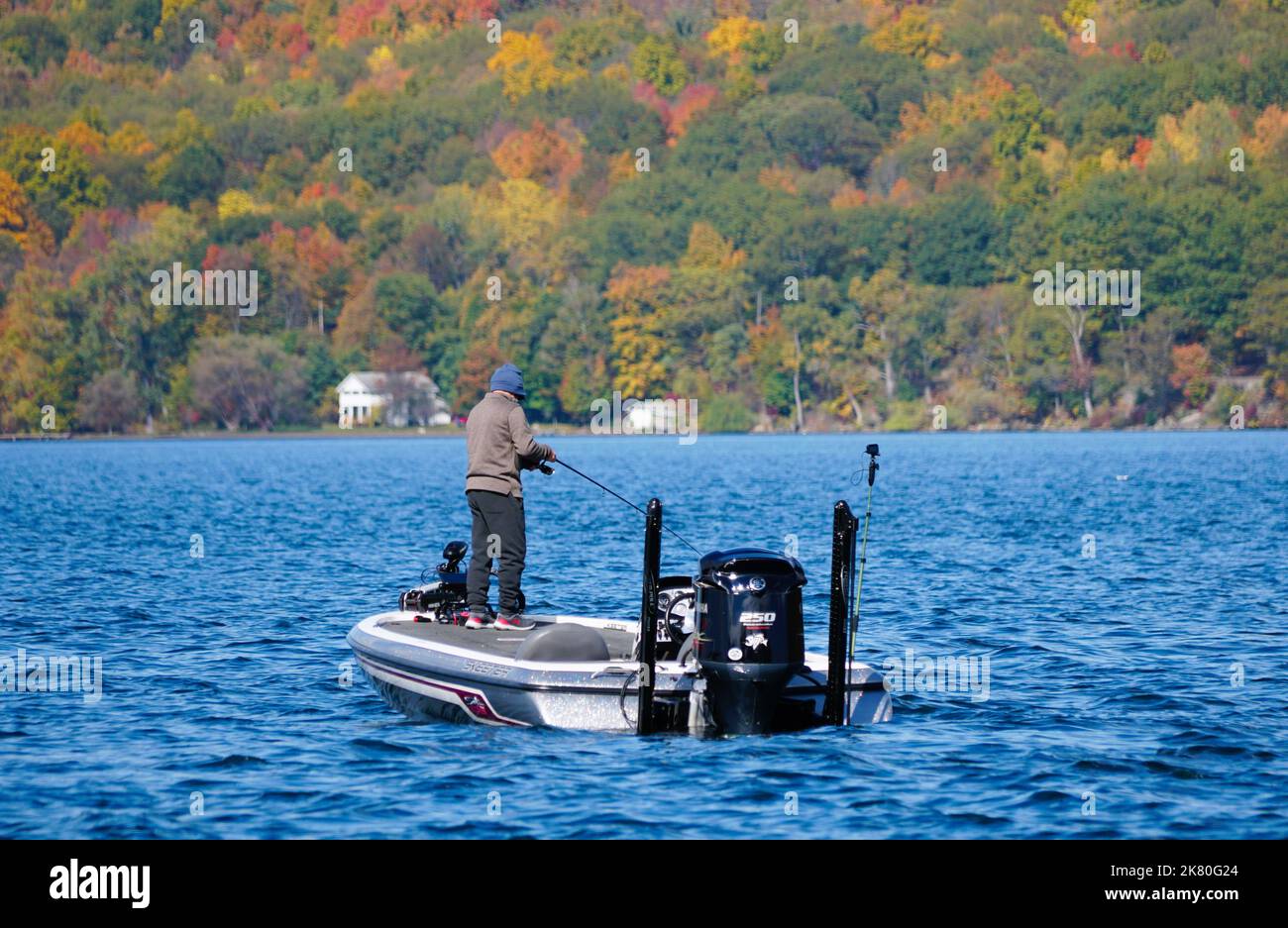 Cayuga Lake, New York, U.S.A October 15, 2022 A fisherman on the