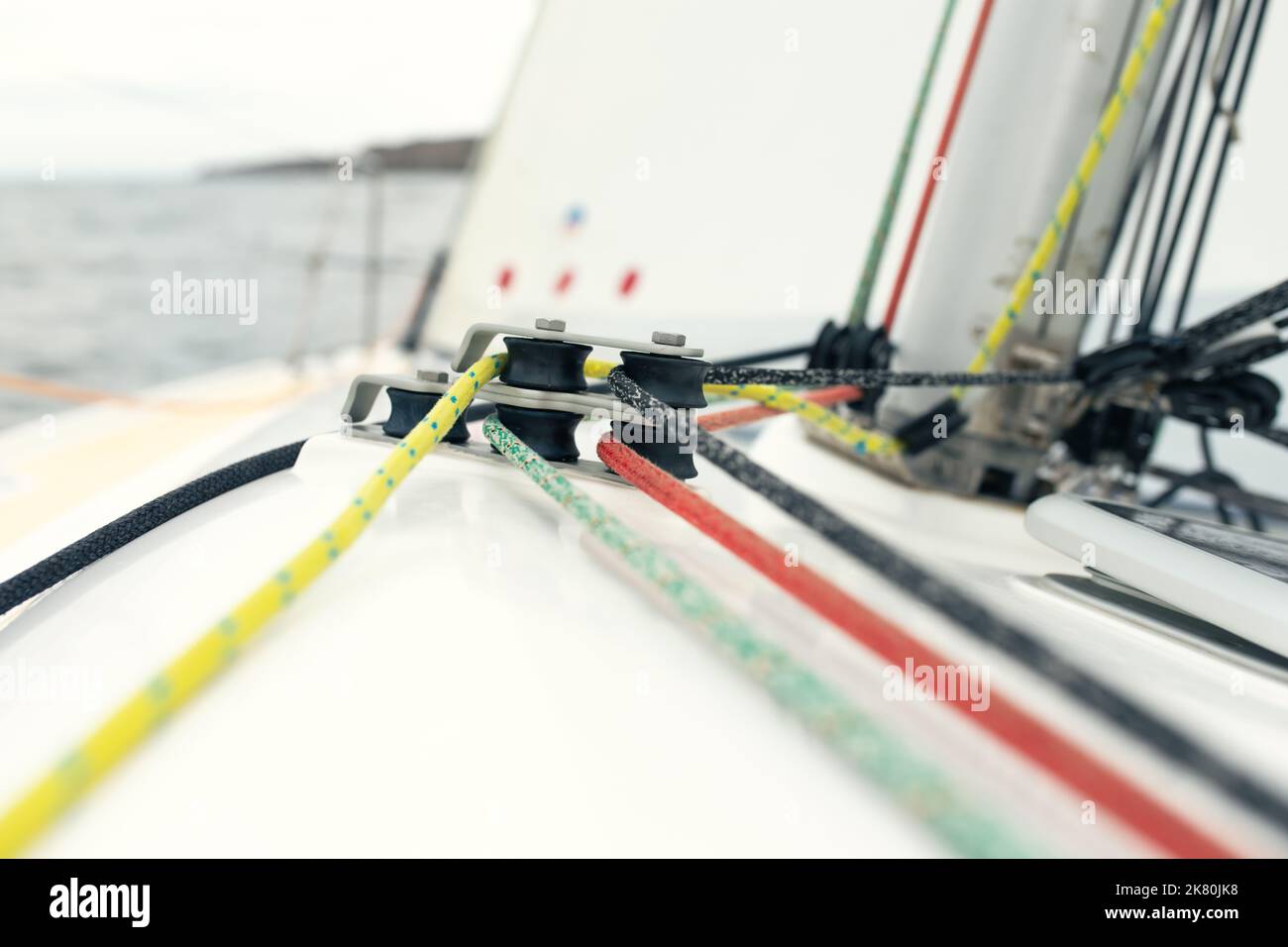 Yacht rigging, ropes and a system of blocks. Front view. Stock Photo