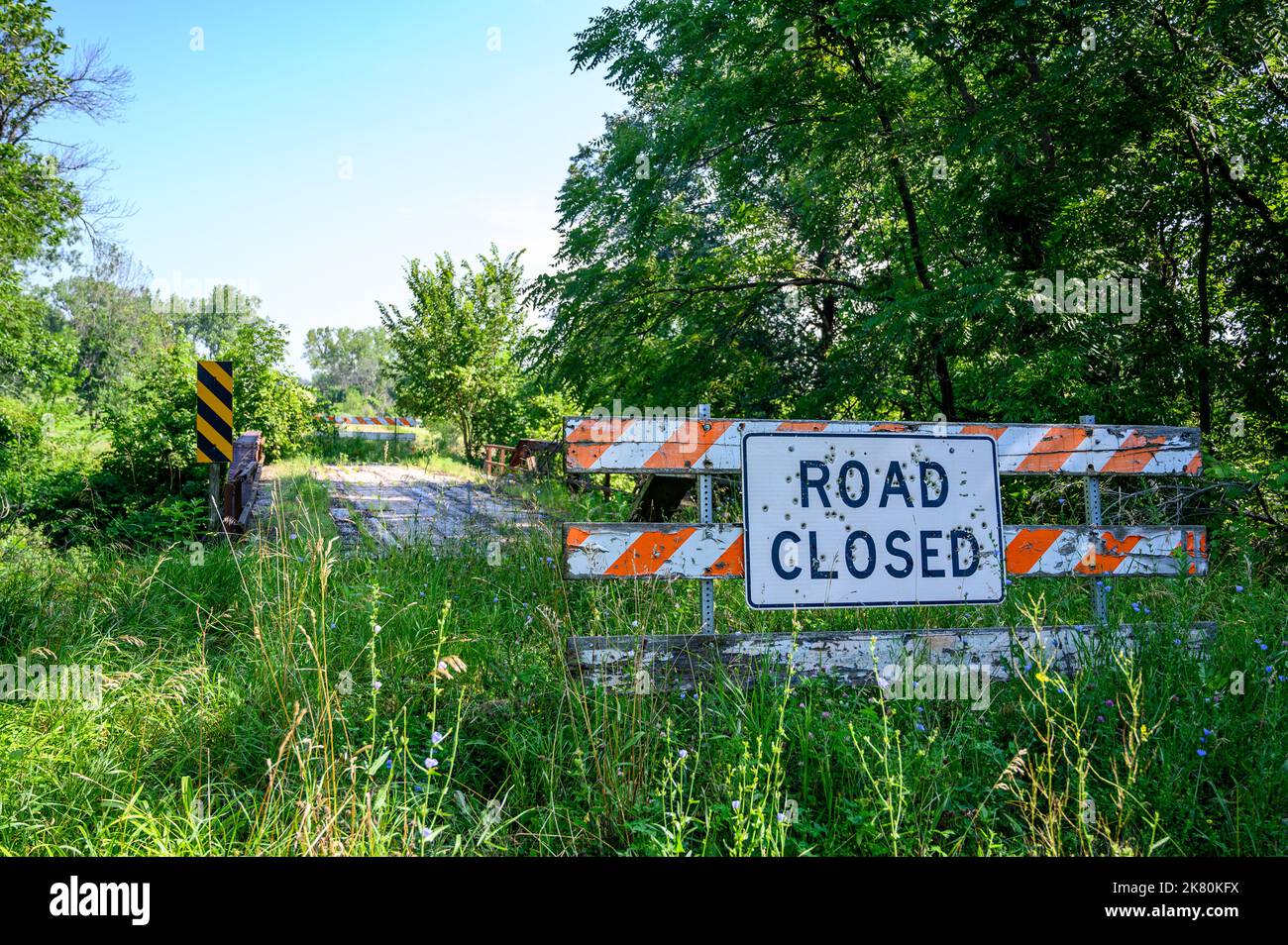 Buckshot road closed sign in front of a washed out bridge Stock Photo ...