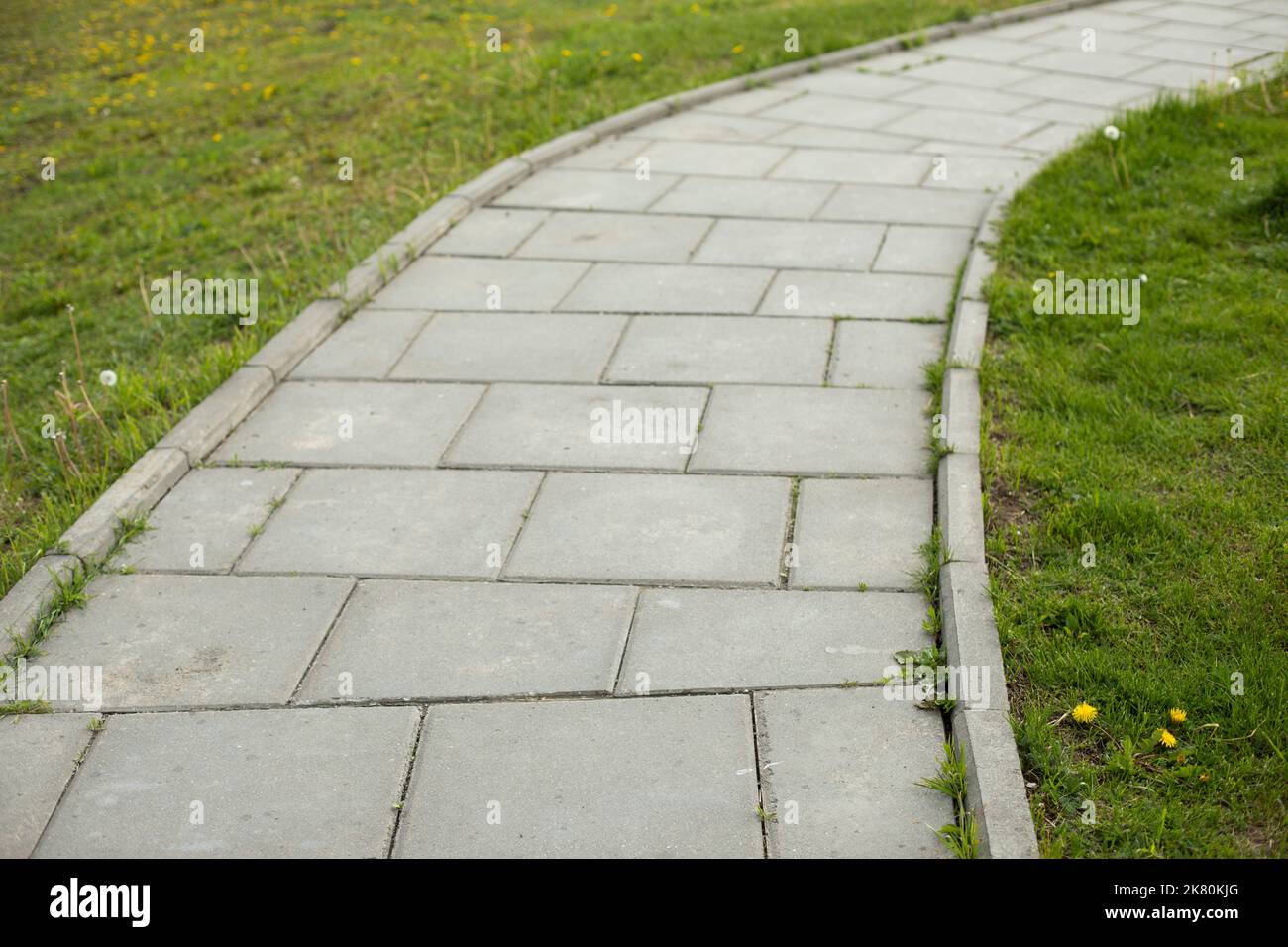 Path in park. Tile trail through park. Details of pedestrian zone. Place for walking. Tiles made of stone. Stock Photo