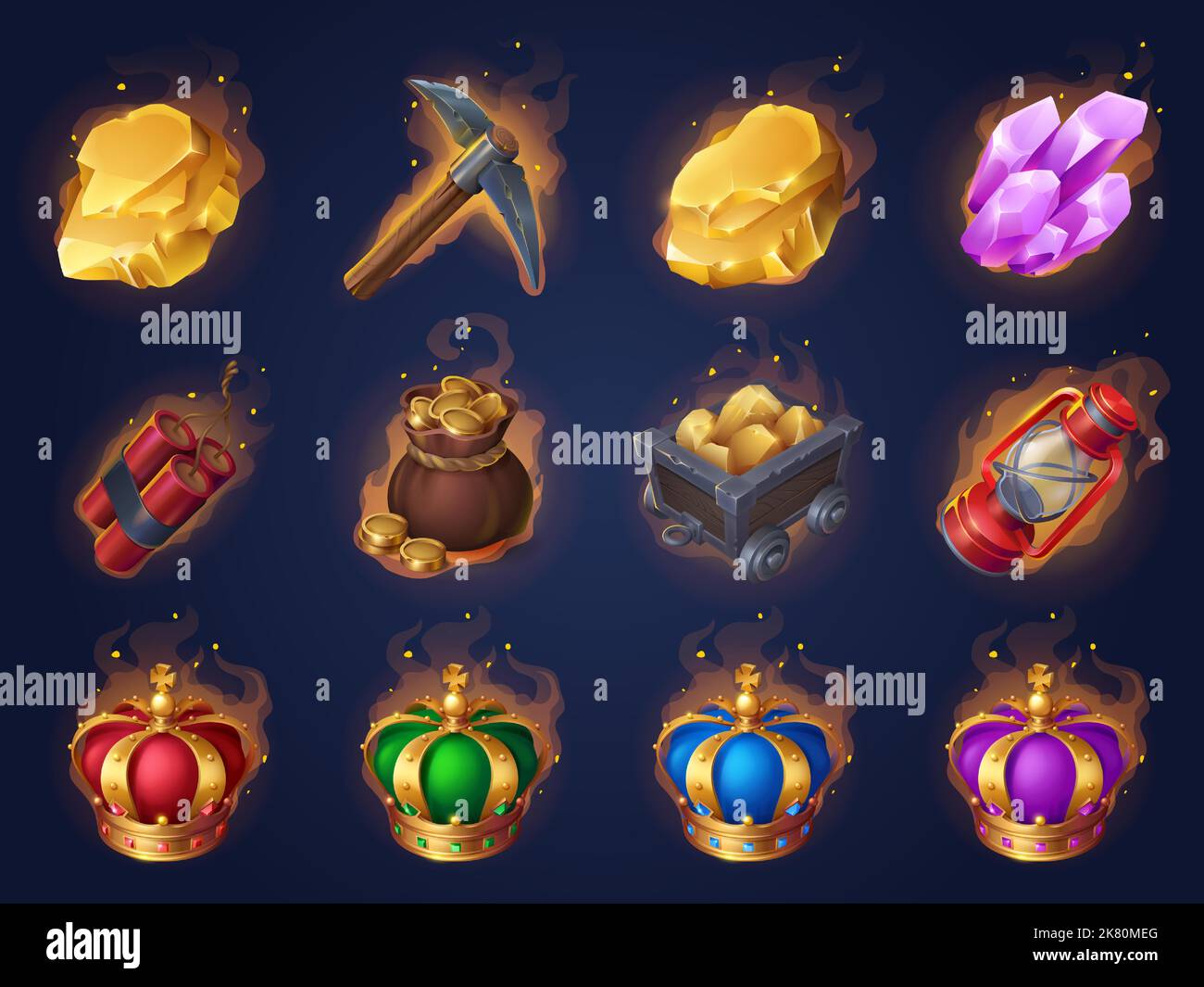 Game mining props icons dynamite, golden crowns, coins, money bag, pickaxe and crystal, trolley with gold ingots, dynamite and lantern gui design elements. Game assets, mine items Cartoon vector set Stock Vector