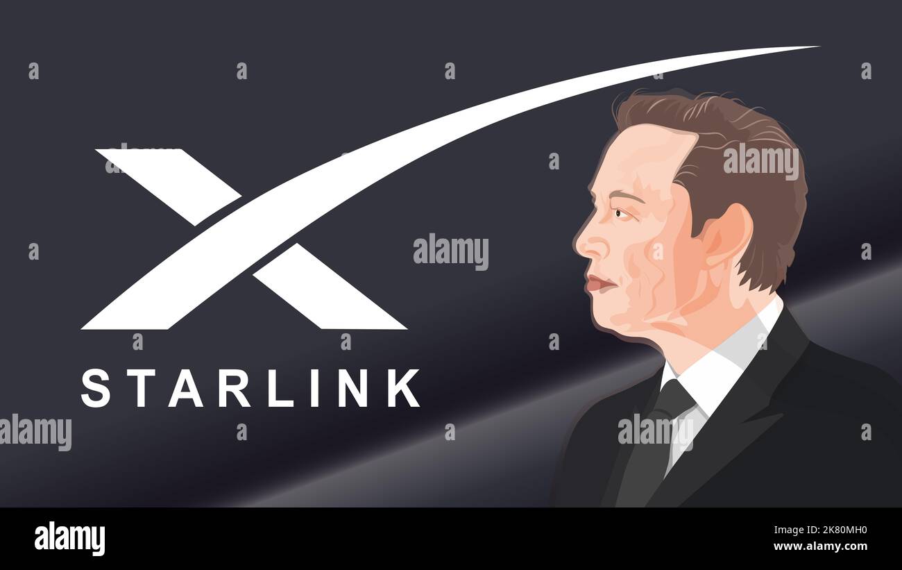 Elon Musk and Starlink logo. Modern satellite technologies