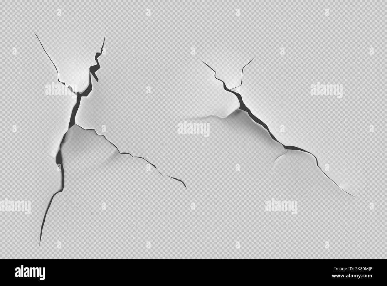 Crack of paint or paper isolated on transparent background. Closeup view of badly fixed building facade wall covered with gaps in stucco with flappy peeling edges Realistic 3d vector illustration Stock Vector