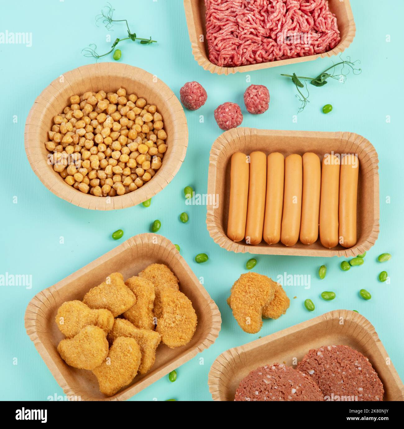 Variety of plant based meat. Plant based vegetarian alternative meat products, top view Stock