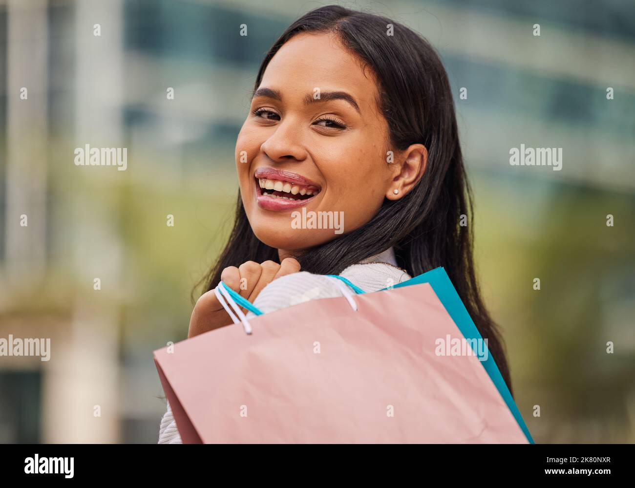 Retail, shopping and bags with woman in city for fashion, summer and gift  for rich lifestyle. Luxury, sales and wow with happy girl customer in  street Stock Photo - Alamy