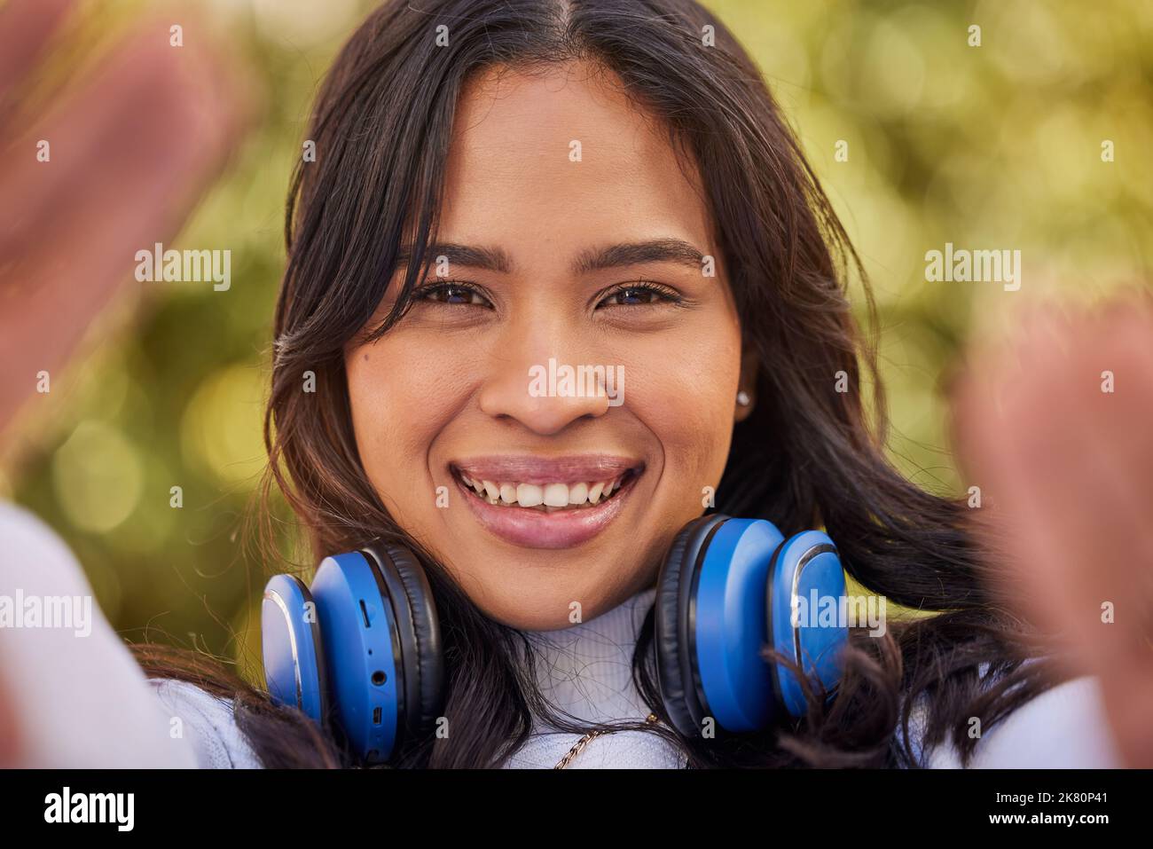 Selfie portrait of young Indian woman, happy outdoor freedom and weekend lifestyle in Indonesia