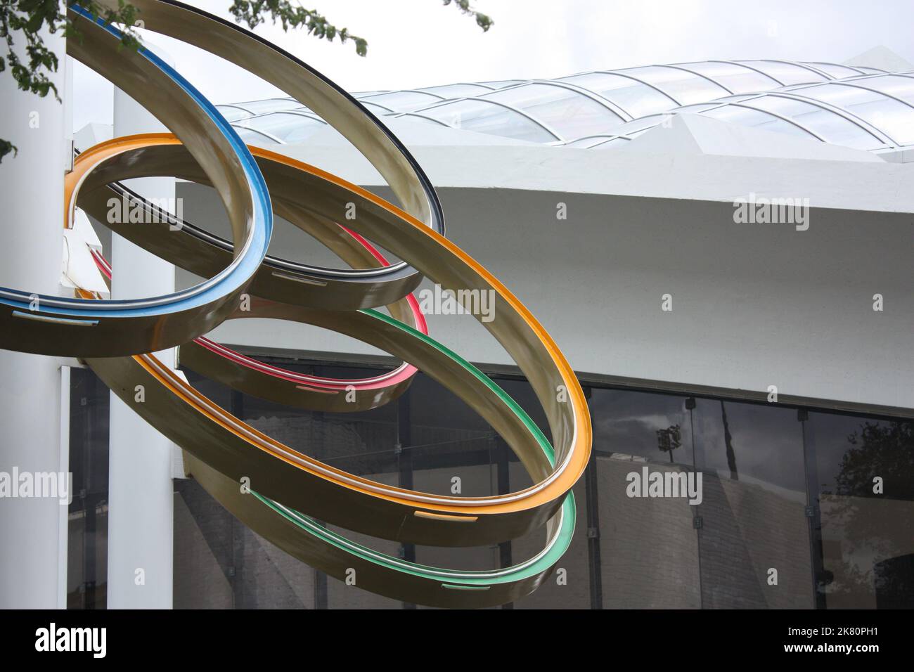 The five Olympic Rings at the Nadia Comaneci Plaza at the Olympic Park, Montreal, Quebec, Canada Stock Photo