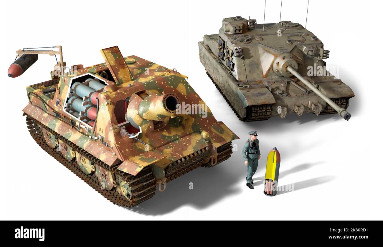 Comparison of two specialized armored vehicles, the German SturmTiger and the British A39 Tortoise. Stock Photo