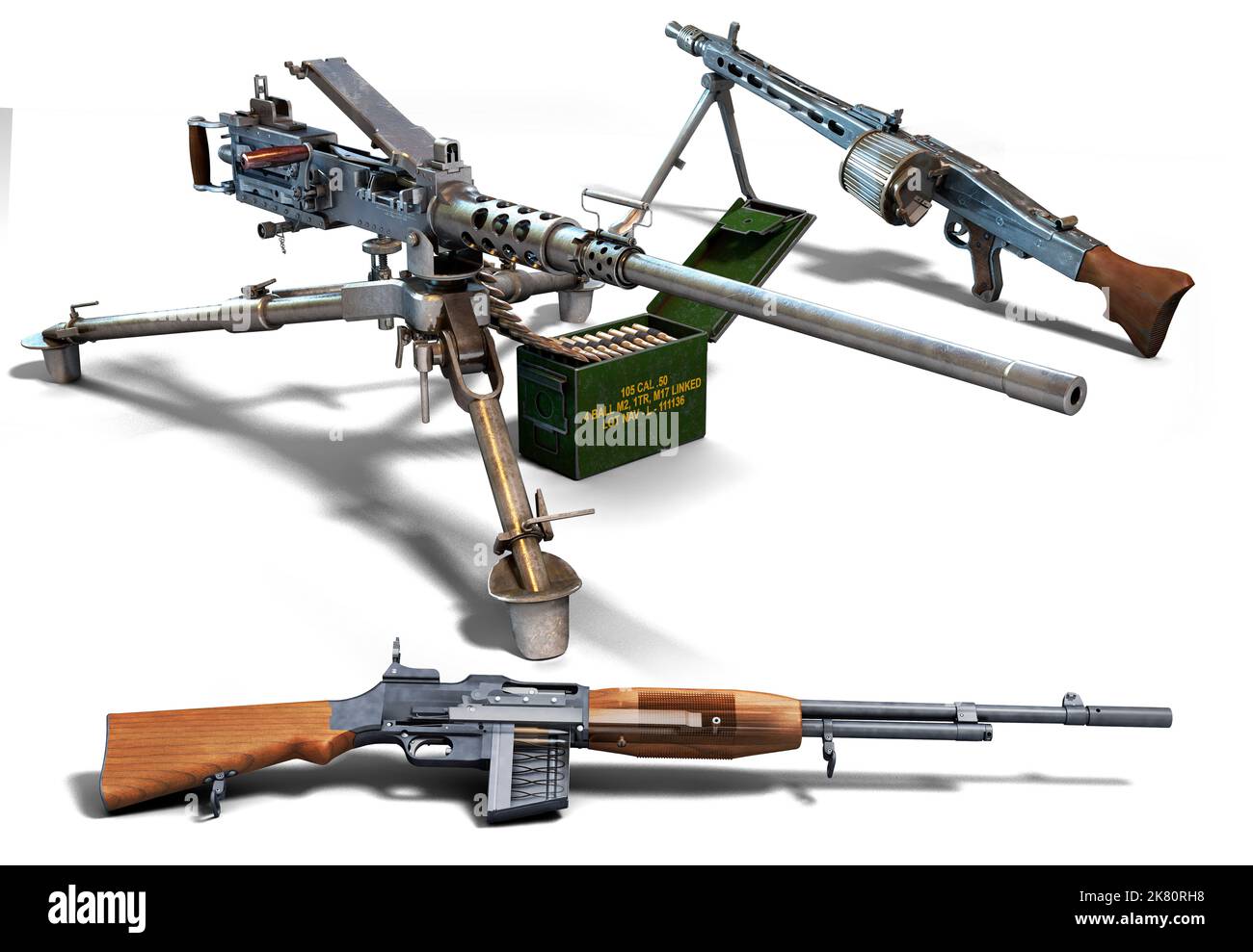 Machine guns of WWII: The M2 Browning 50 caliber, the German MG42, and the Browning BAR. Stock Photo
