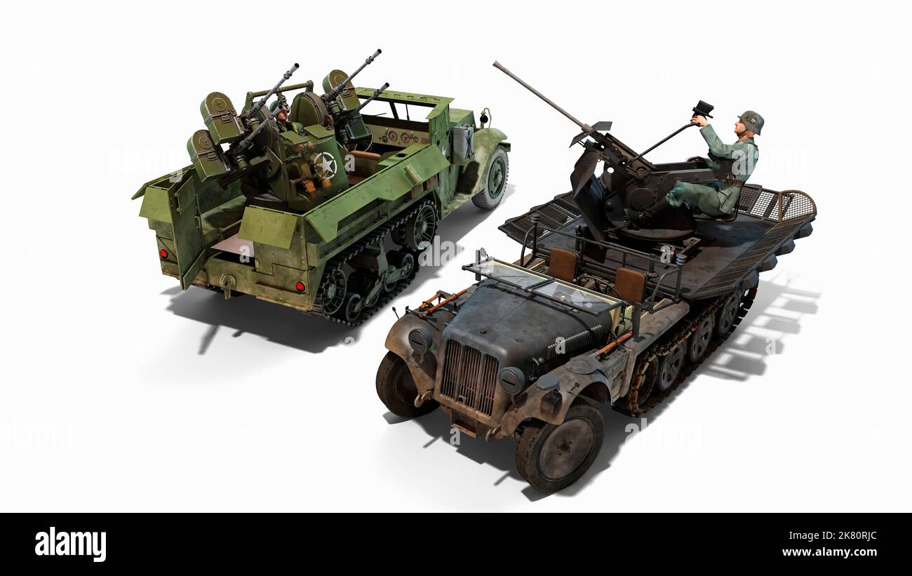 Comparison of anti-aircraft guns in half-track vehicles; the M16 Multiple Gun Motor Carriage and the German Flak 30. Stock Photo