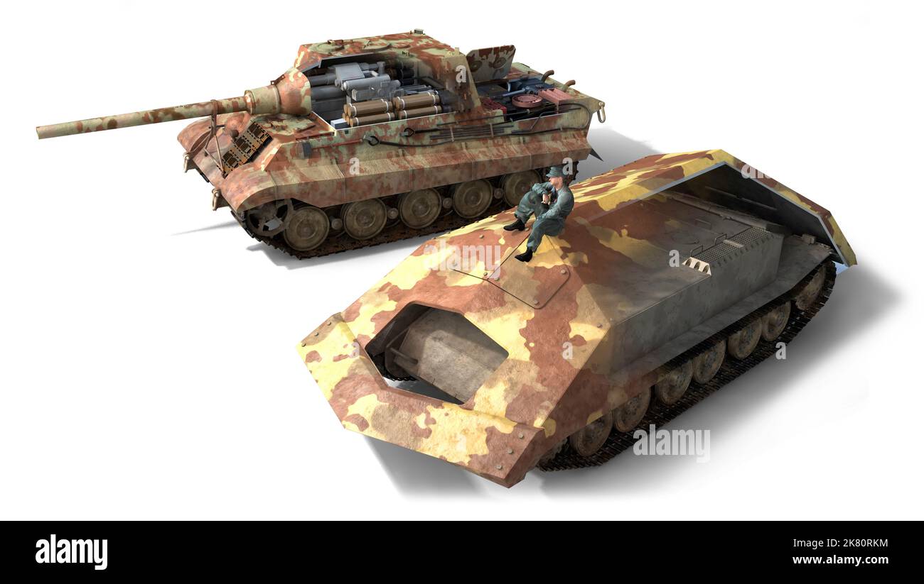 Two German vehicles; the Jagdtiger heavy tank destroyer and the RammTiger ram-tank. Stock Photo
