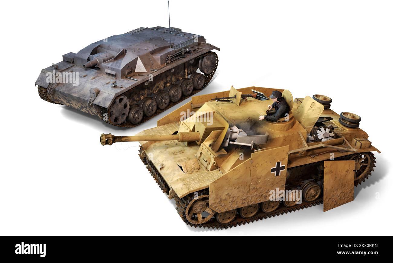 The StuG III Ausf. A/E, with a short barrel, and on the left the Ausf. G with a long barrel. Stock Photo