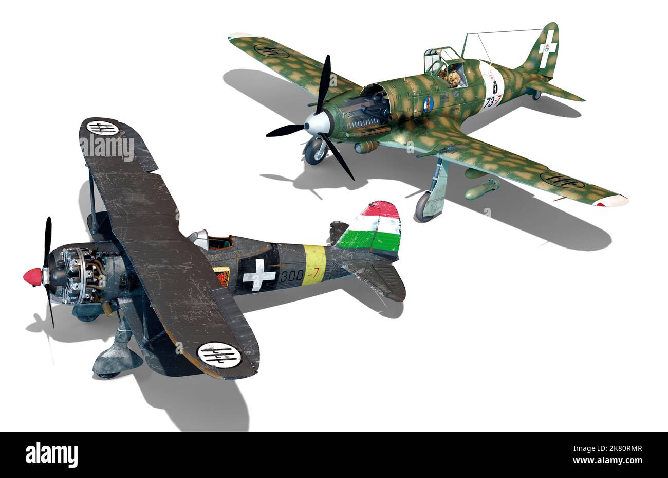 Two Italian fighter planes used during WWII, the biplane CR42 and the Macchi 205. Stock Photo