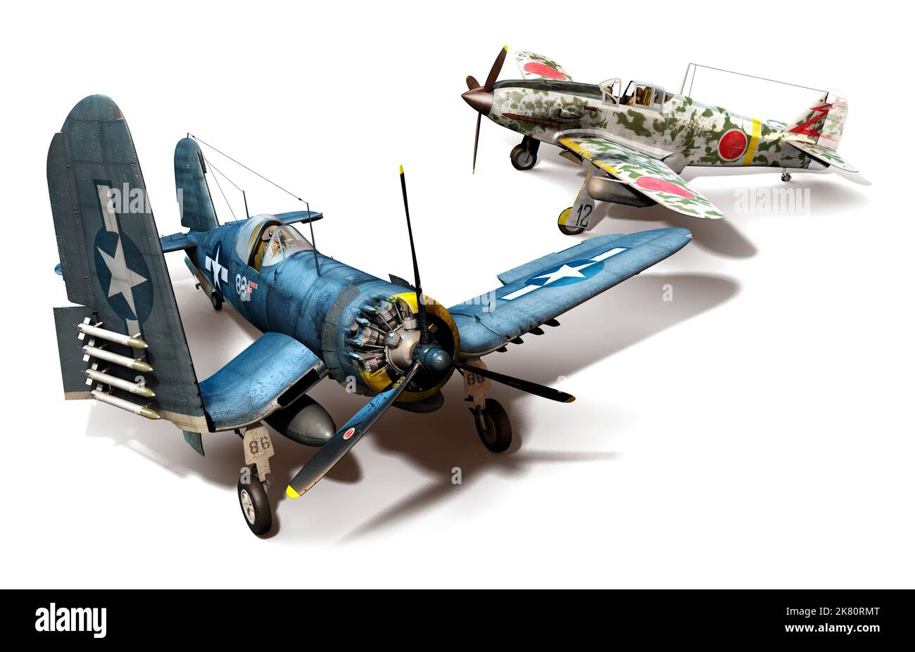 Comparison of two fighter planes, American F4U Corsair and a Japanese Ki-61 Hien. Stock Photo