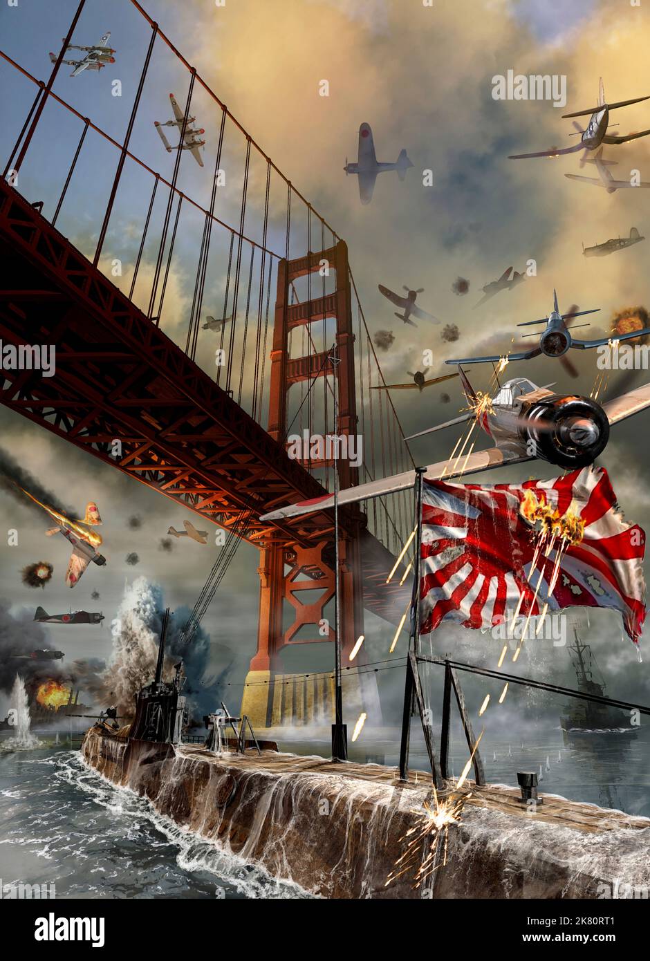 U.S. planes attacking a Japanese Zero and submarine under the Golden Gate Bridge during WWII. Stock Photo