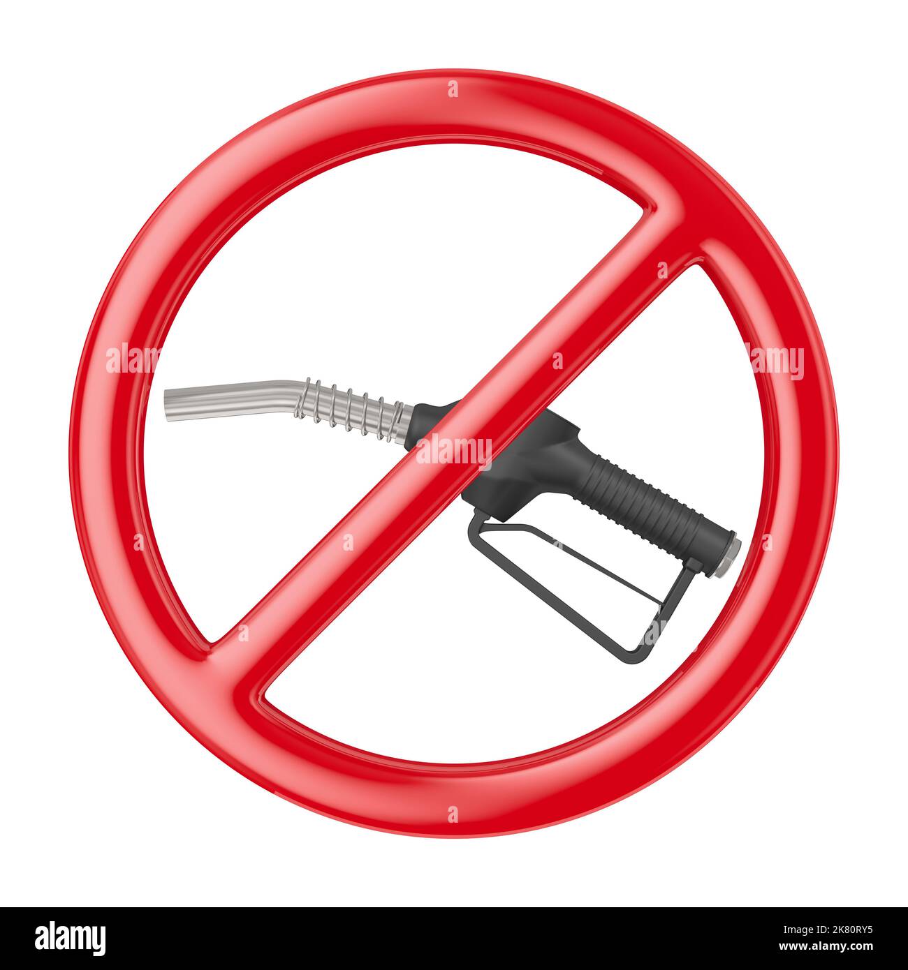 forbidden sign and nozzle fuel on white background. Isolated 3D illustration Stock Photo
