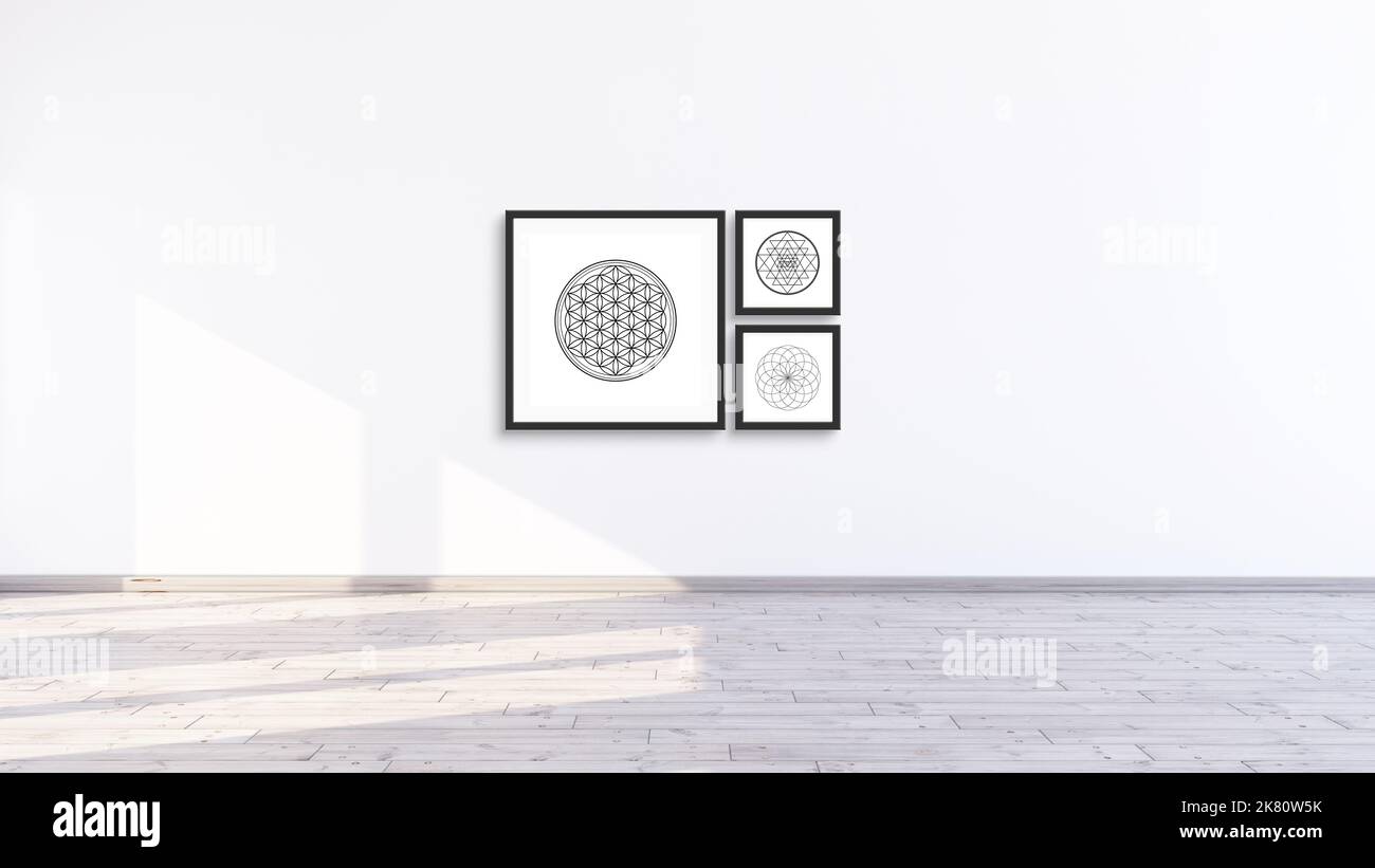 Three modern square black frames mockup design template with sacred