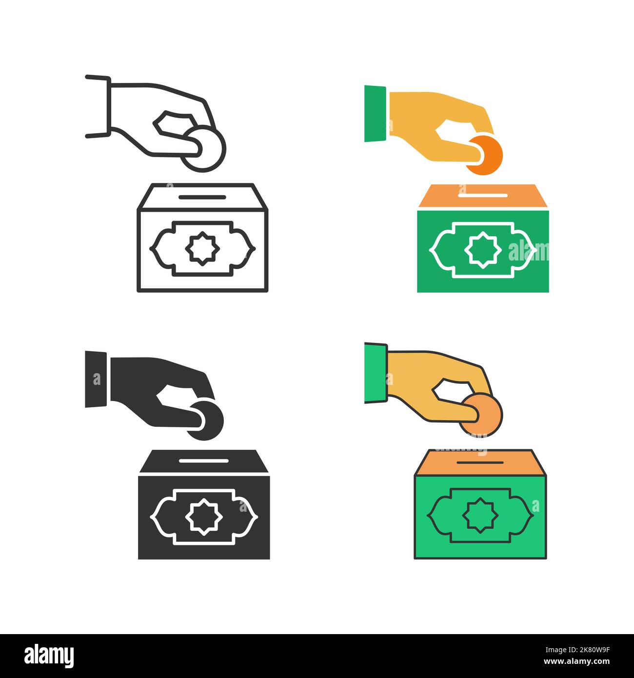 Zakat with money vector icons. Symbol of islamic charity, donate, helping. Vector illustration. Stock Vector