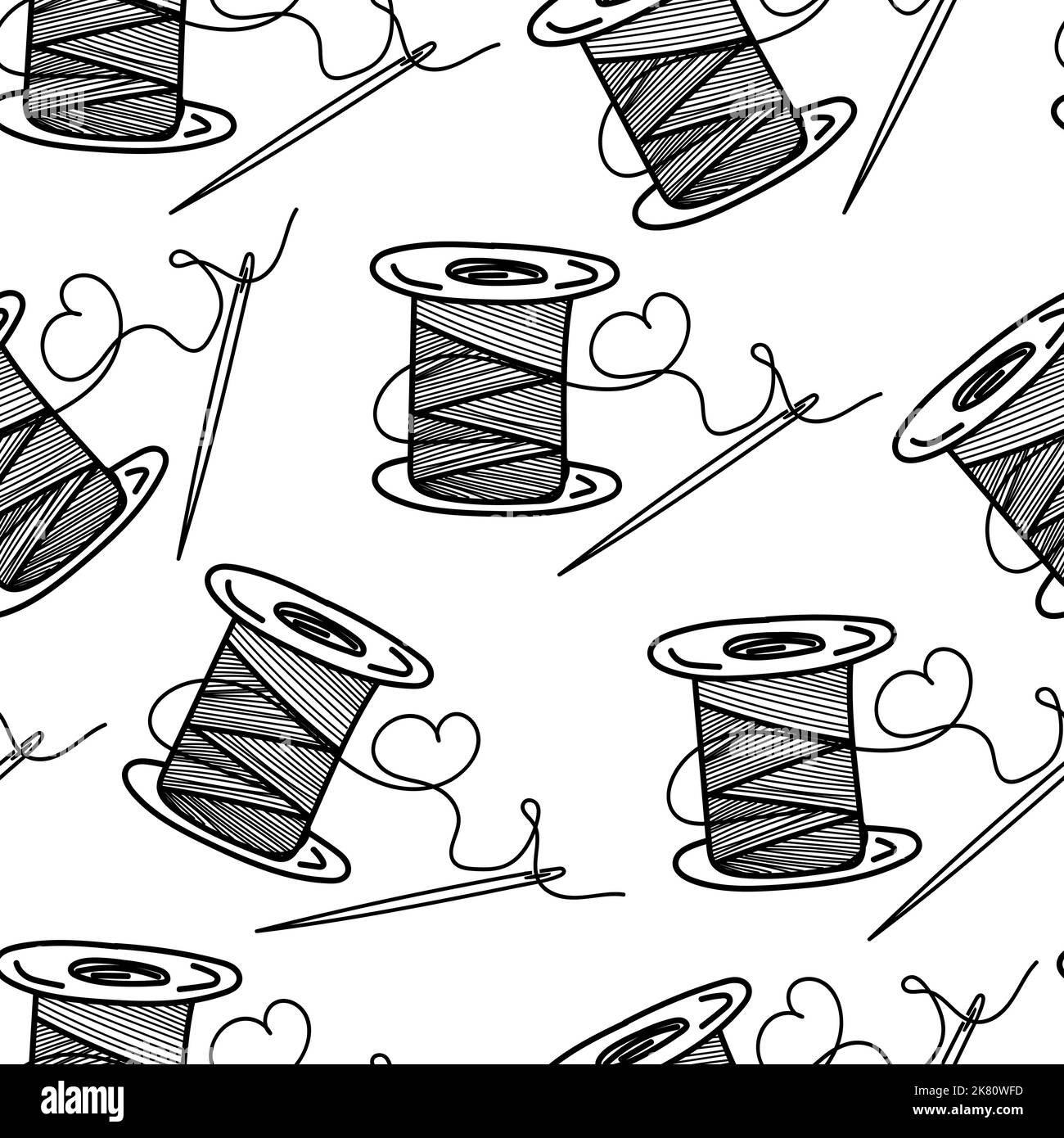 Seamless thread pattern with needlepoint, handdrawn doodle elements in