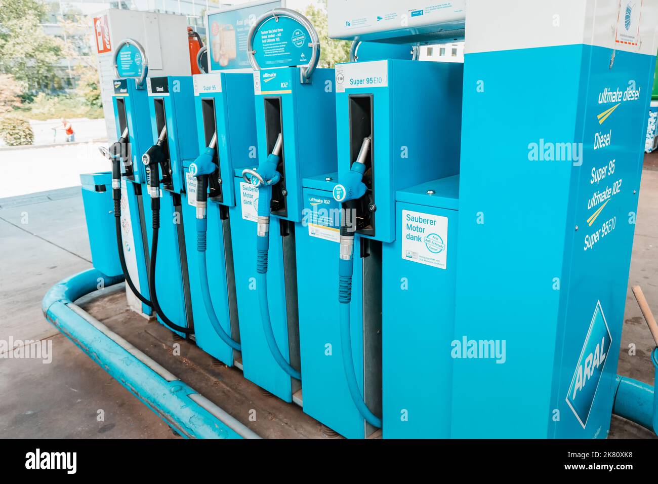 24 July 2022, Osnabruck, Germany Aral fuel gas station with row of