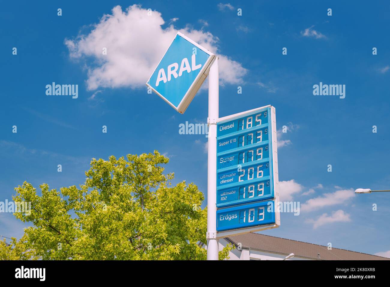 24 July 2022, Osnabruck, Germany Aral fuel gas station with prices and