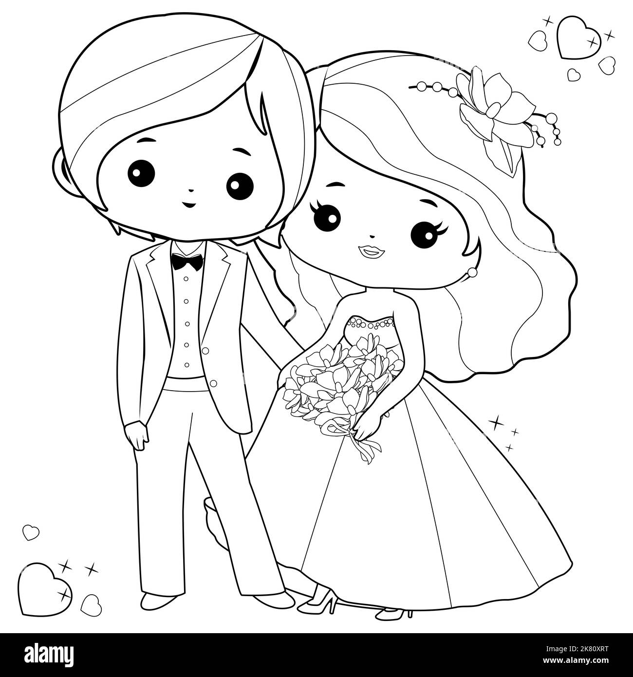 A happy wedding couple, a beautiful bride and a handsome groom. Black and white coloring page Stock Photo