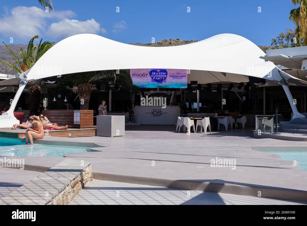 Ios, Greece - September 6, 2022 : View of the very popular Far out beach bar in Ios Greece Stock Photo