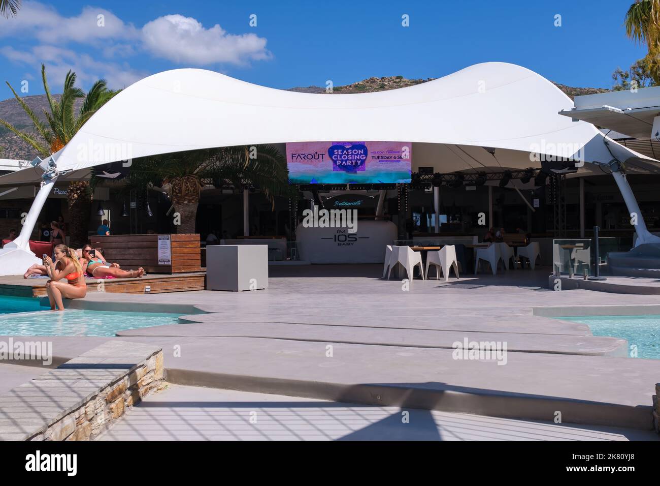 Ios, Greece - September 6, 2022 : View of the very popular Far out beach bar in Ios Greece Stock Photo