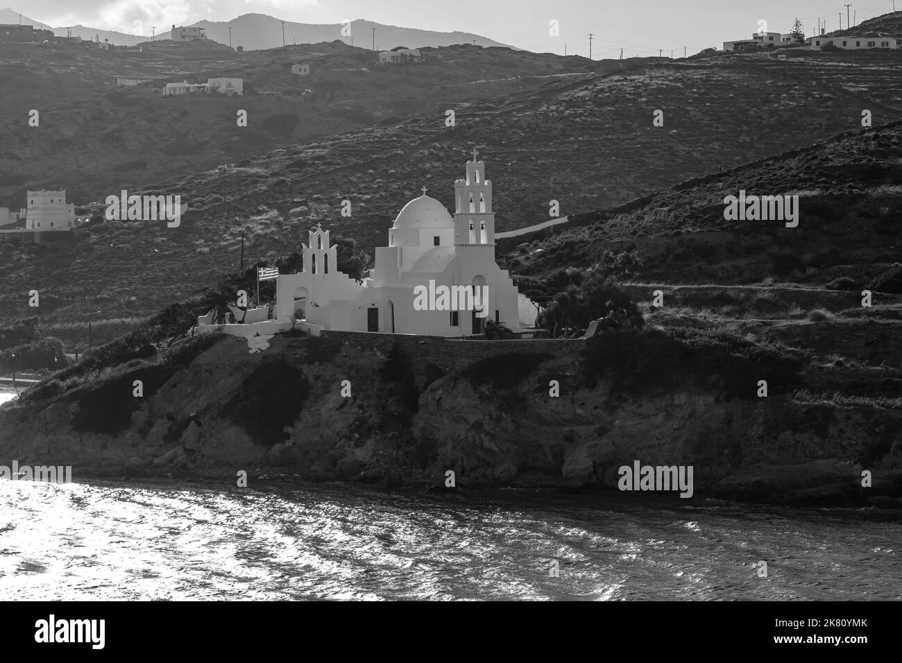 Panoramic view of the church Agia Irini in Ios Greece at sunrise in black and white Stock Photo