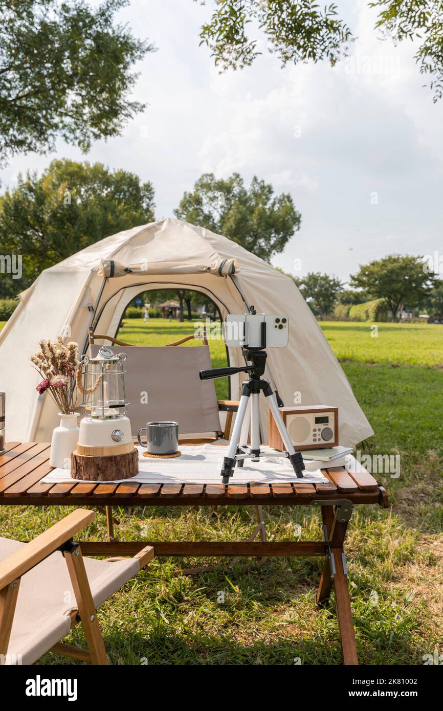 camping mood aesthetics tents and camping gear Stock Photo Alamy