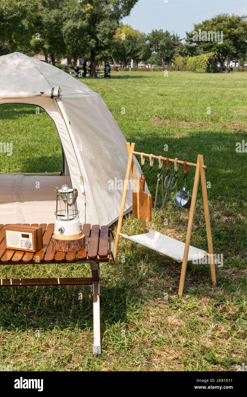 camping mood aesthetics tents and camping gear Stock Photo Alamy