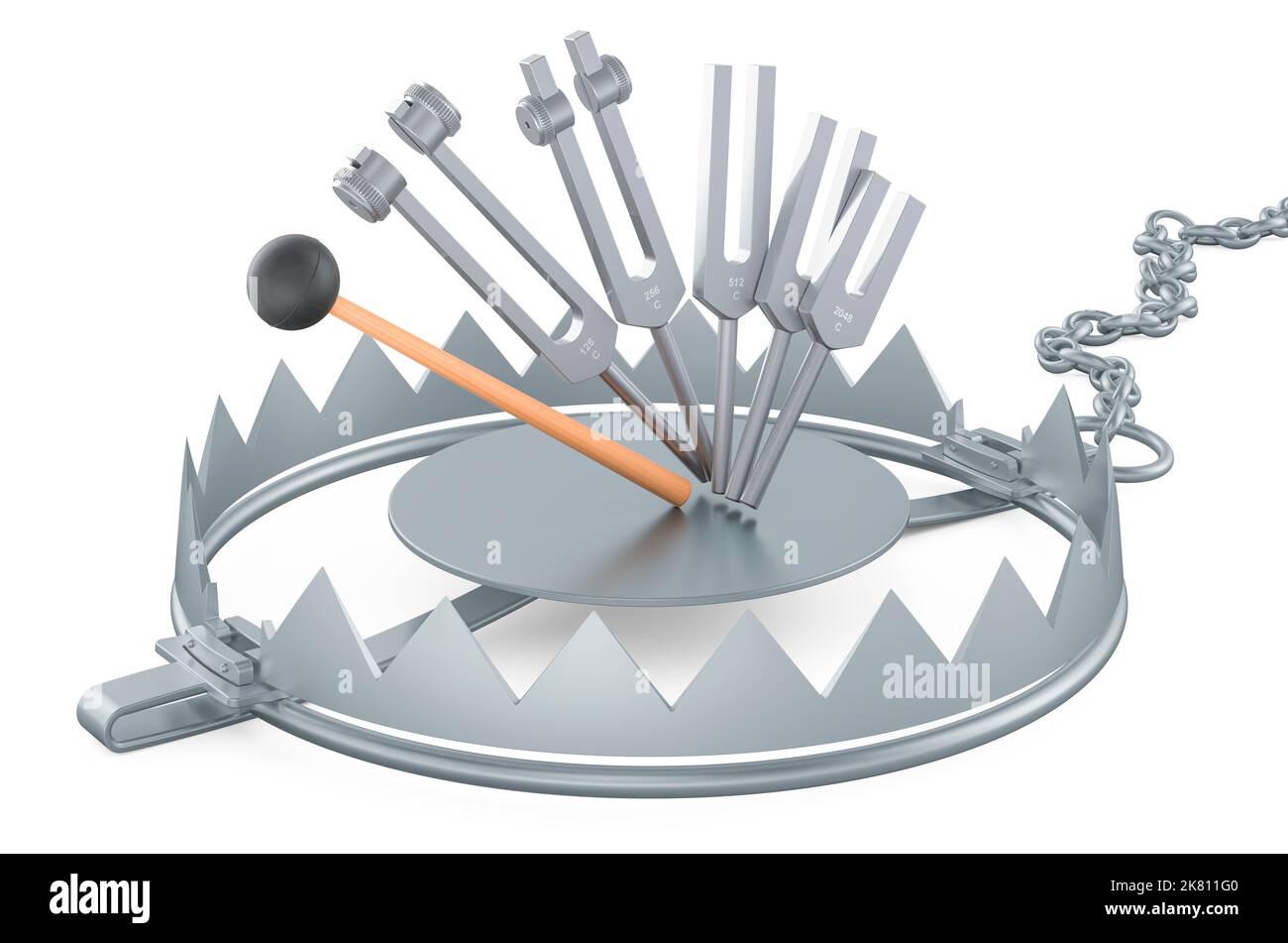 Bear trap with medical tuning forks, 3D rendering isolated on white ...