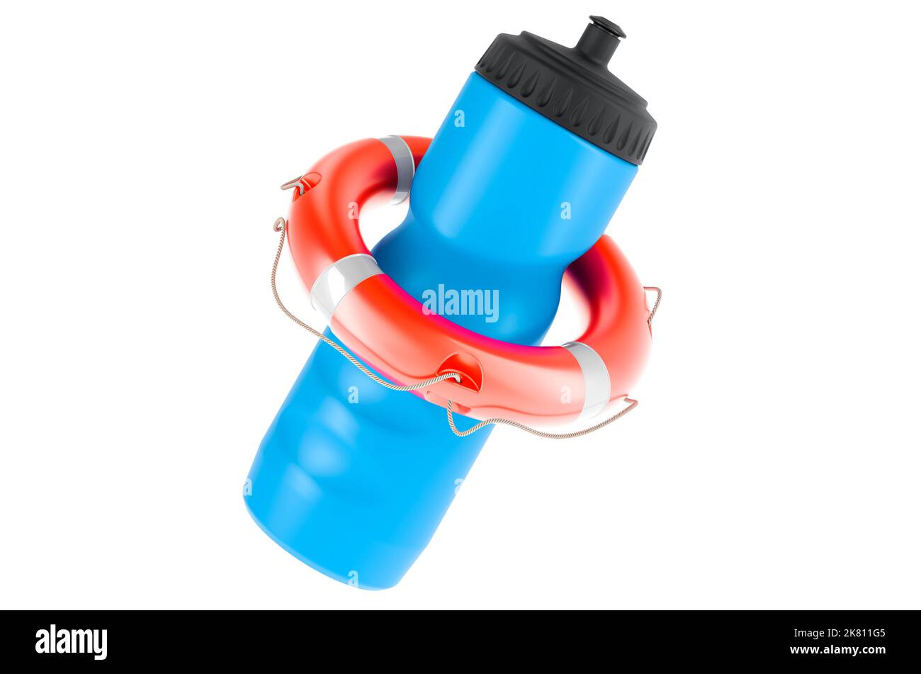 Plastic sport water bottle with lifebelt, 3D rendering isolated on