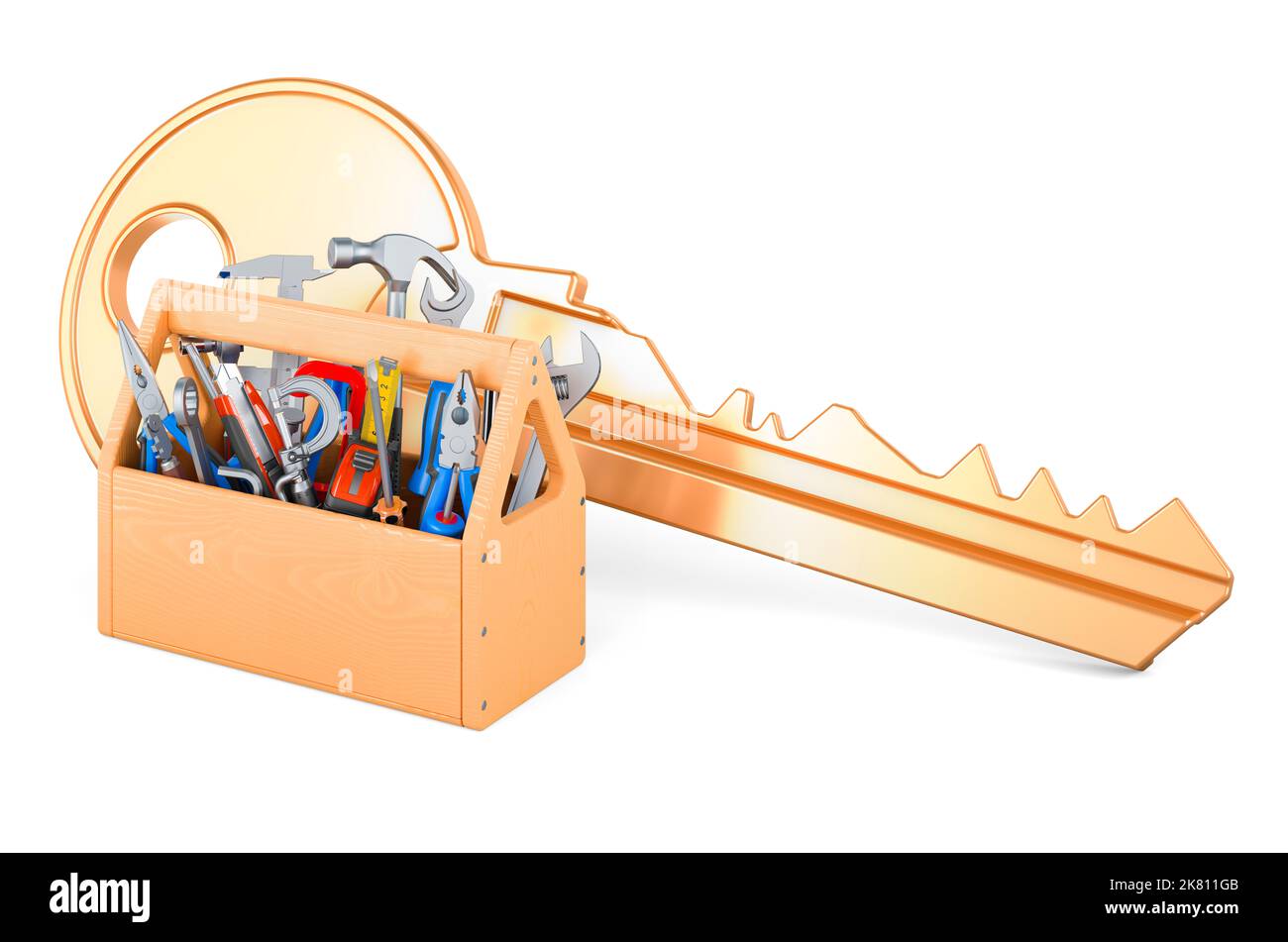 Toolbox with key. Turnkey repair with key, 3D rendering isolated on white background Stock Photo