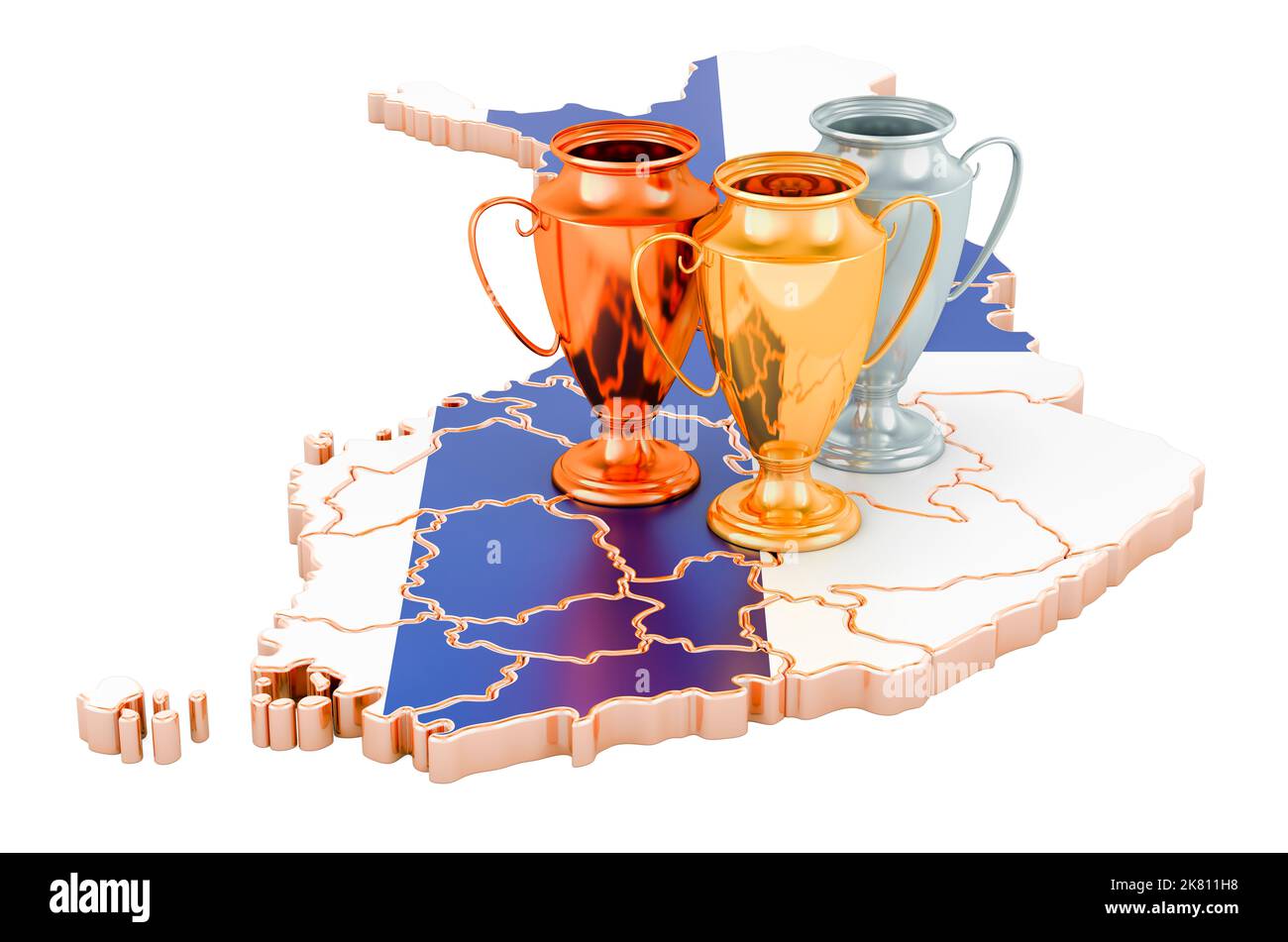 Trophy Cups on Finnish map. Sport Tournaments in Finland, concept. 3D rendering isolated on white background Stock Photo