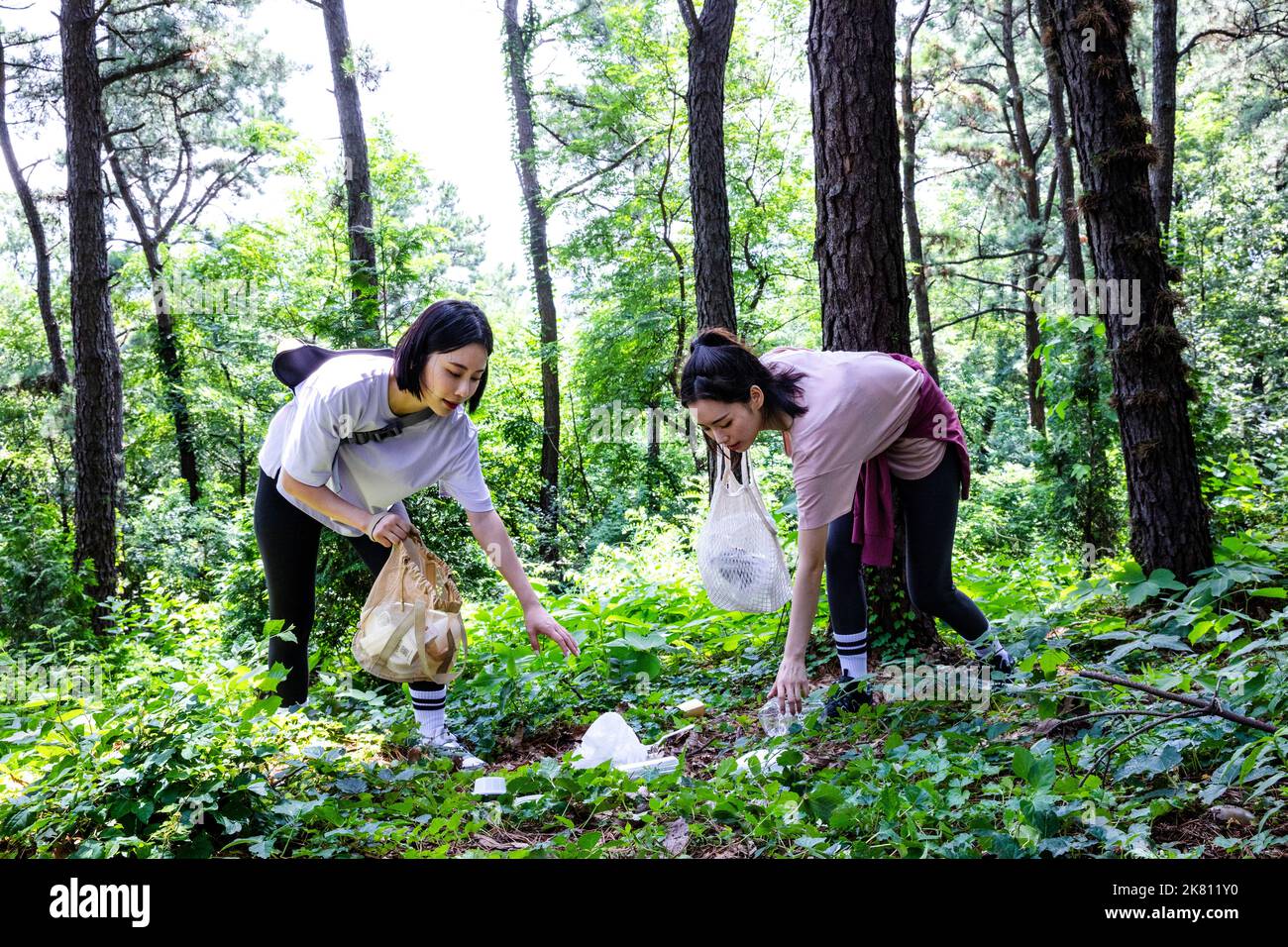 korean young women hiking and plogging picking up litter, garbage Stock Photo Alamy