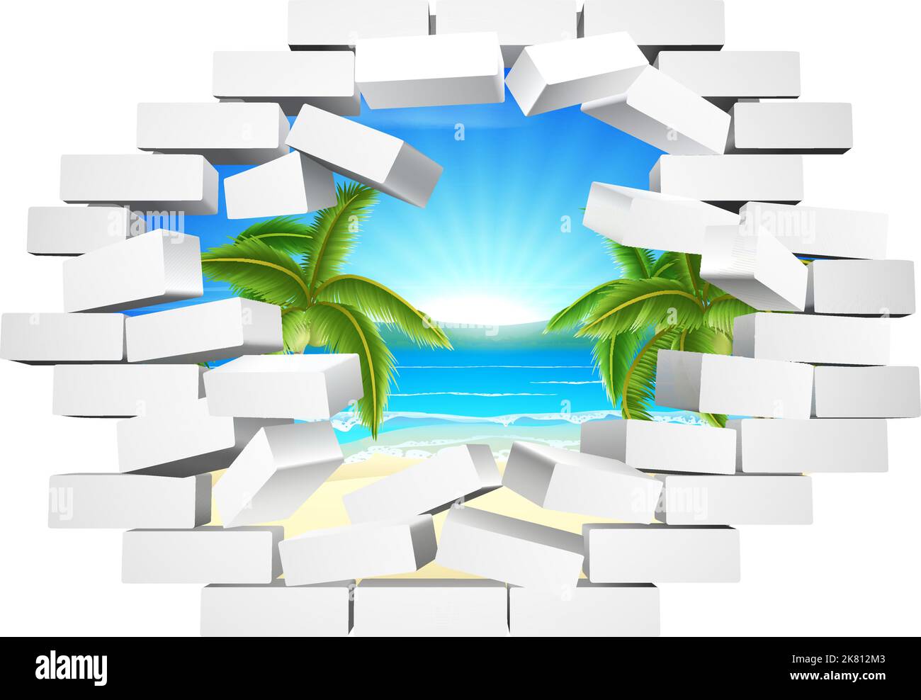 Brick Wall Breaking Beach Behind Freedom Concept Stock Vector