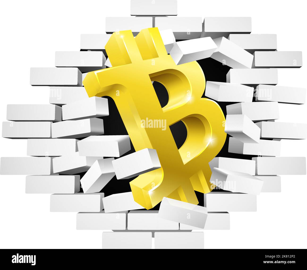 Brick Wall Breaking Bitcoin Sign Concept Stock Vector