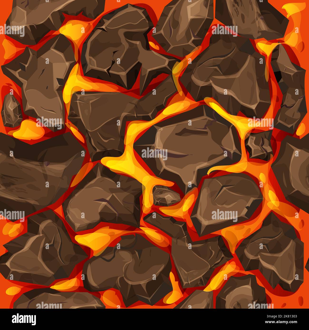 Lava, magma with stones in cartoon style seamless pattern background