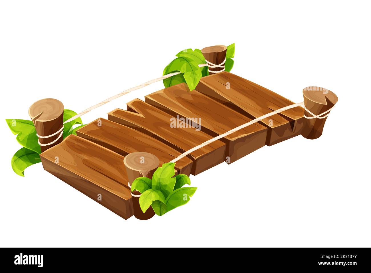 Wooden bridge old with rope in isometric view in cartoon style isolated on white background. Detailed, textured game element. Vector illustration Stock Vector