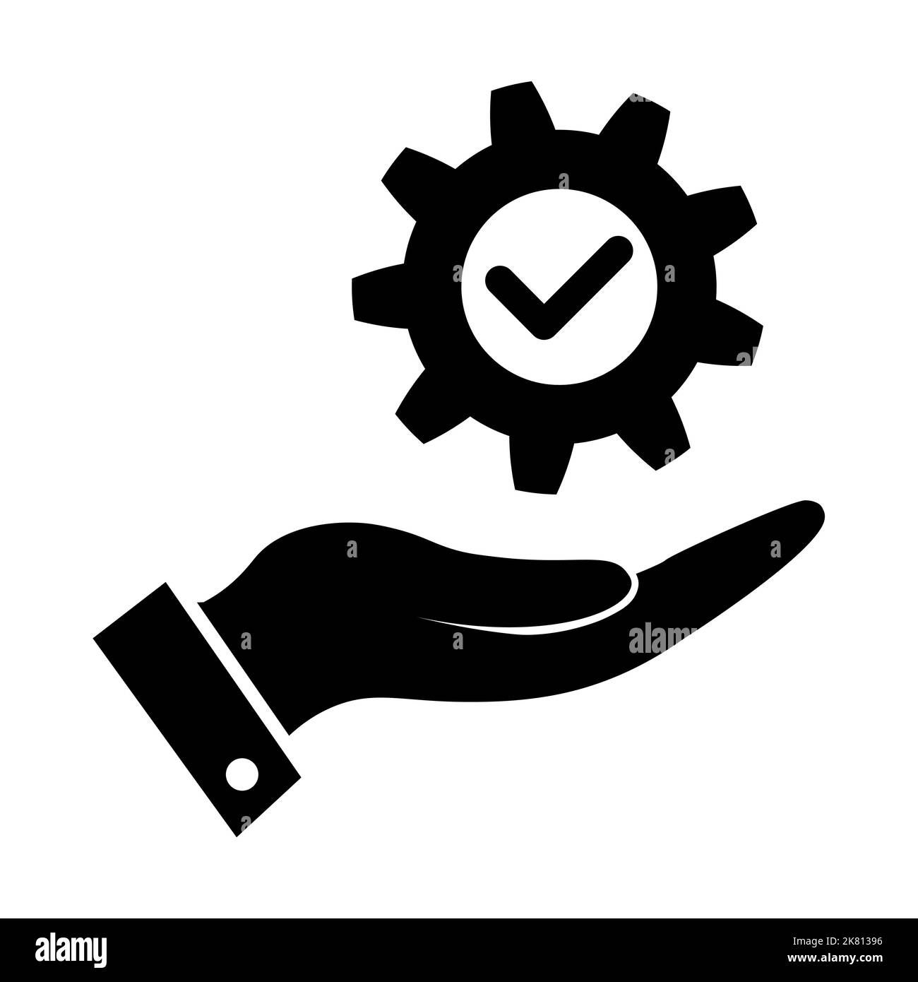 Cogwheel with check mark on hand. Successful process symbol on white. Success sign with cog on hand. Execution, progress, development icon in black Ve Stock Vector