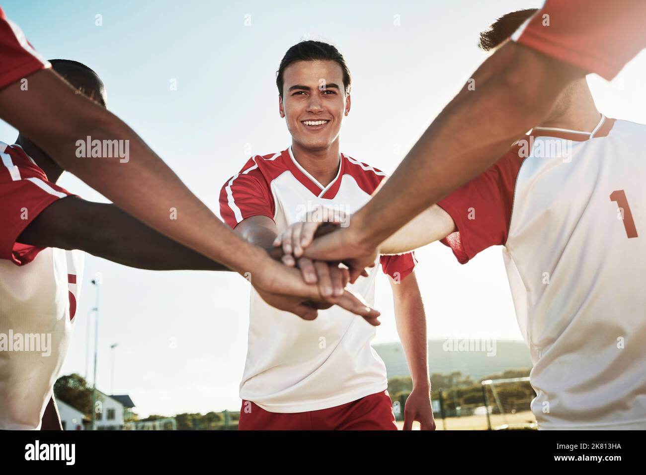 Men soccer team, huddle and hands in support, collaboration and