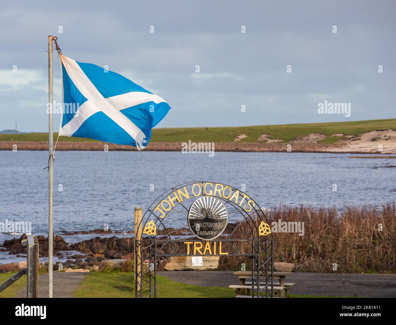 The sign for the John O' Groats Trail at John O' Groats in Caithness Northern Scotland Stock Photo