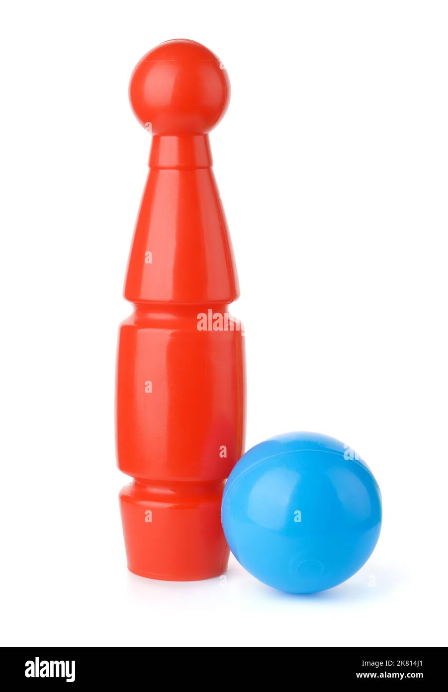 Front view of toy plastic bowling pin and ball isolated on white Stock Photo